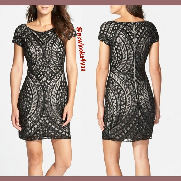 NEW Adrianna Papell Beaded Sheath Dress in Black‎ Nude [SZ 10 ] - Picture 1 of 9